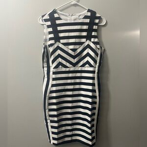 English Factory black‎ and white striped fitted dress NWT
